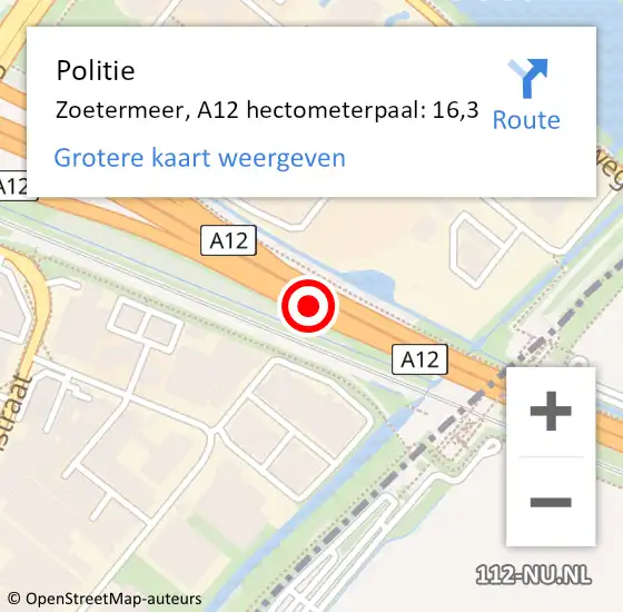 Locatie op kaart van de 112 melding: Politie Zoetermeer, A12 hectometerpaal: 16,3 op 9 april 2025 16:25