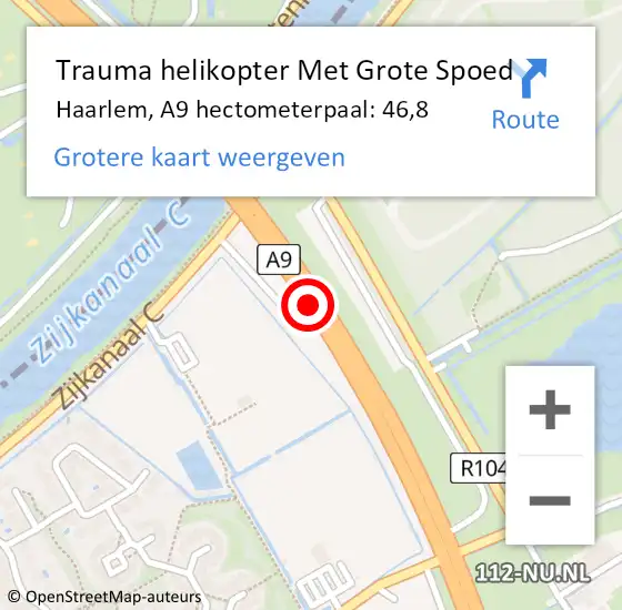 Locatie op kaart van de 112 melding: Trauma helikopter Met Grote Spoed Naar Haarlem, A9 hectometerpaal: 46,8 op 9 april 2025 17:51