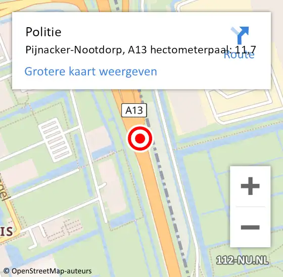 Locatie op kaart van de 112 melding: Politie Pijnacker-Nootdorp, A13 hectometerpaal: 11,7 op 9 april 2025 21:01