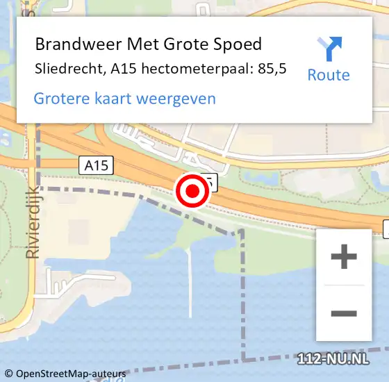 Locatie op kaart van de 112 melding: Brandweer Met Grote Spoed Naar Sliedrecht, A15 hectometerpaal: 85,5 op 10 april 2025 08:57