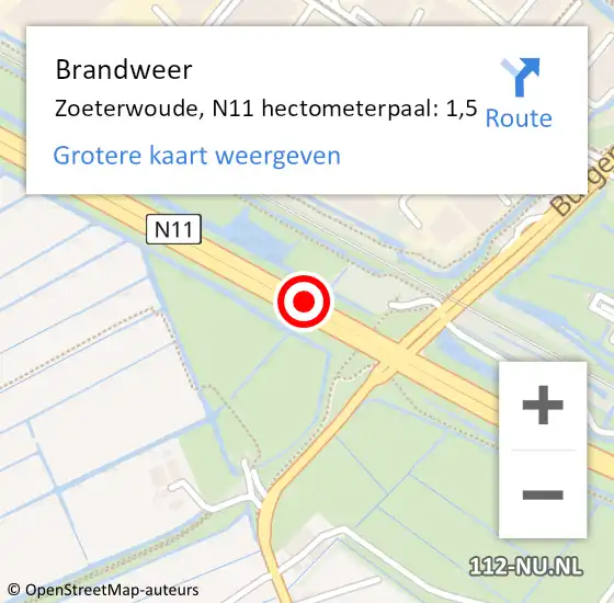 Locatie op kaart van de 112 melding: Brandweer Zoeterwoude, N11 hectometerpaal: 1,5 op 10 april 2025 15:25