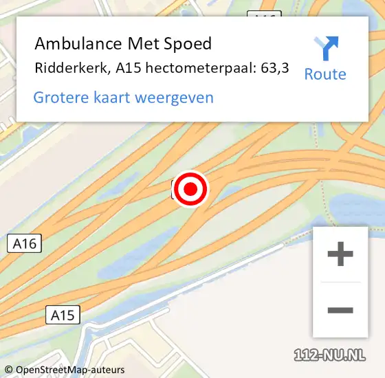 Locatie op kaart van de 112 melding: Ambulance Met Spoed Naar Ridderkerk, A15 hectometerpaal: 63,3 op 10 april 2025 20:59