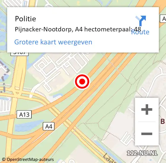 Locatie op kaart van de 112 melding: Politie Pijnacker-Nootdorp, A4 hectometerpaal: 48 op 11 april 2025 06:39