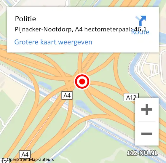 Locatie op kaart van de 112 melding: Politie Pijnacker-Nootdorp, A4 hectometerpaal: 46,1 op 11 april 2025 08:25