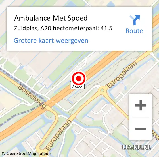 Locatie op kaart van de 112 melding: Ambulance Met Spoed Naar Zuidplas, A20 hectometerpaal: 41,5 op 11 april 2025 10:00