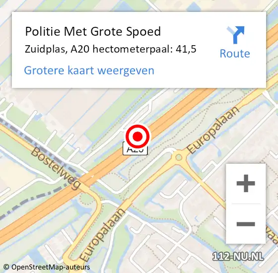 Locatie op kaart van de 112 melding: Politie Met Grote Spoed Naar Zuidplas, A20 hectometerpaal: 41,5 op 11 april 2025 10:02