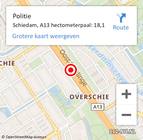 Locatie op kaart van de 112 melding: Politie Schiedam, A13 hectometerpaal: 18,1 op 11 april 2025 10:26
