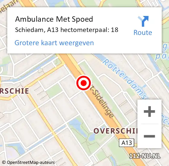 Locatie op kaart van de 112 melding: Ambulance Met Spoed Naar Schiedam, A13 hectometerpaal: 18 op 11 april 2025 10:26