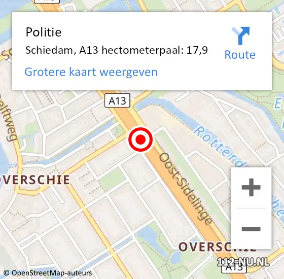 Locatie op kaart van de 112 melding: Politie Schiedam, A13 hectometerpaal: 17,9 op 11 april 2025 10:28
