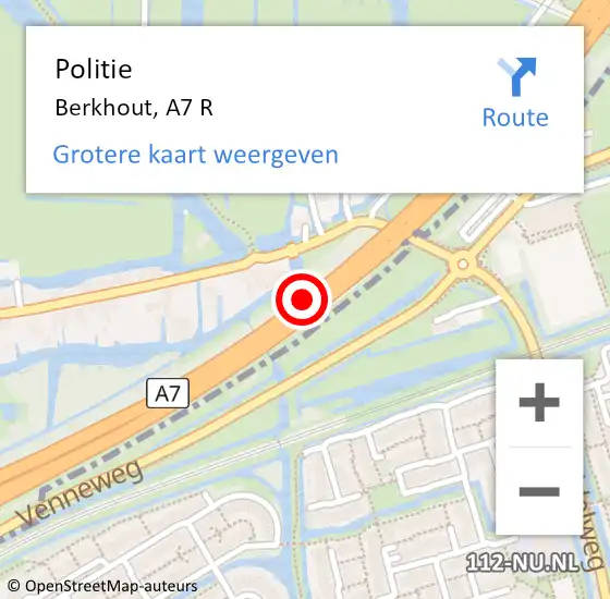 Locatie op kaart van de 112 melding: Politie Berkhout, A7 R op 13 november 2014 04:31