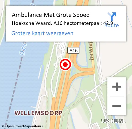 Locatie op kaart van de 112 melding: Ambulance Met Grote Spoed Naar Hoeksche Waard, A16 hectometerpaal: 42,9 op 11 april 2025 12:05