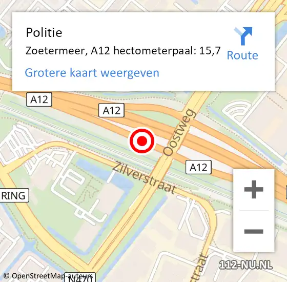 Locatie op kaart van de 112 melding: Politie Zoetermeer, A12 hectometerpaal: 15,7 op 11 april 2025 12:59