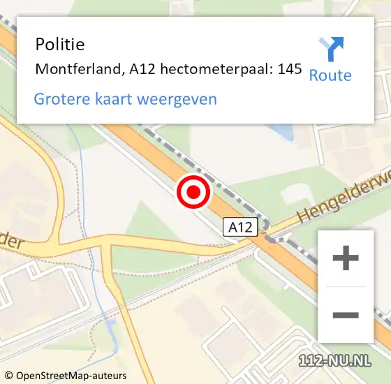 Locatie op kaart van de 112 melding: Politie Montferland, A12 hectometerpaal: 145 op 11 april 2025 13:04