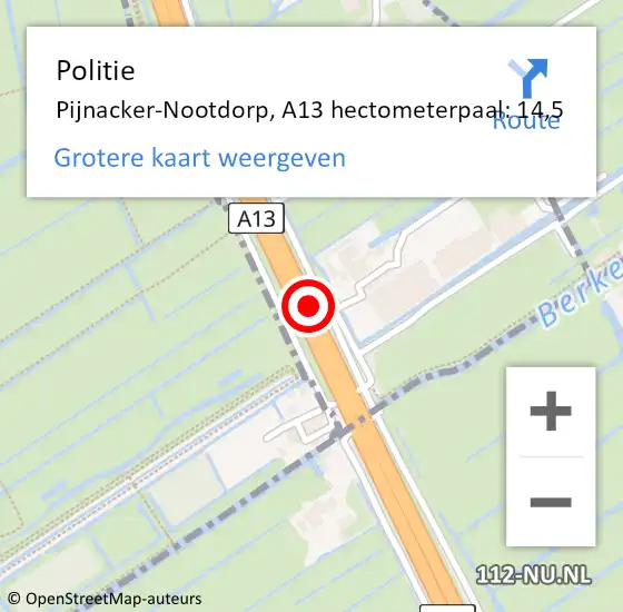 Locatie op kaart van de 112 melding: Politie Pijnacker-Nootdorp, A13 hectometerpaal: 14,5 op 11 april 2025 13:43