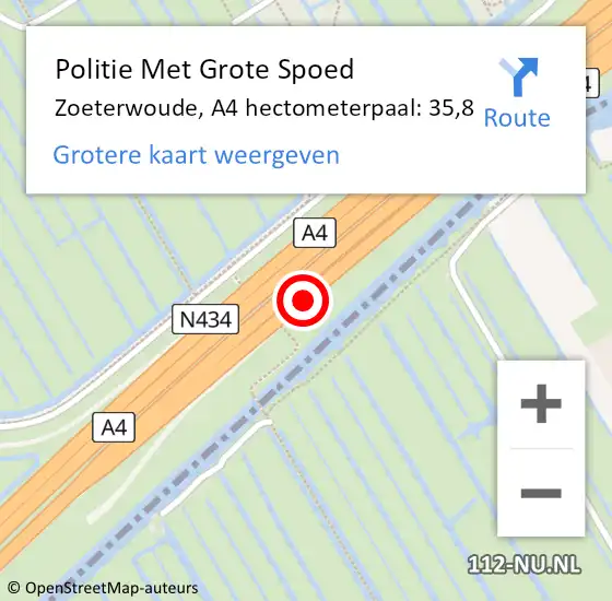 Locatie op kaart van de 112 melding: Politie Met Grote Spoed Naar Zoeterwoude, A4 hectometerpaal: 35,8 op 11 april 2025 14:43