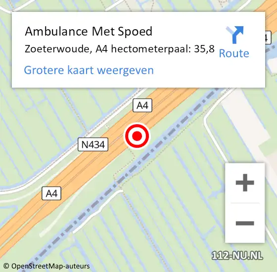Locatie op kaart van de 112 melding: Ambulance Met Spoed Naar Zoeterwoude, A4 hectometerpaal: 35,8 op 11 april 2025 14:43