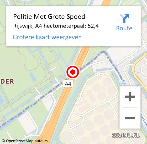 Locatie op kaart van de 112 melding: Politie Met Grote Spoed Naar Rijswijk, A4 hectometerpaal: 52,4 op 11 april 2025 15:32