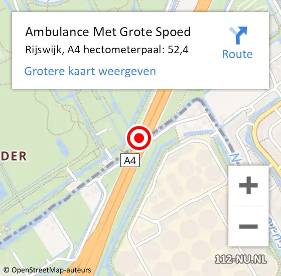 Locatie op kaart van de 112 melding: Ambulance Met Grote Spoed Naar Rijswijk, A4 hectometerpaal: 52,4 op 11 april 2025 15:36