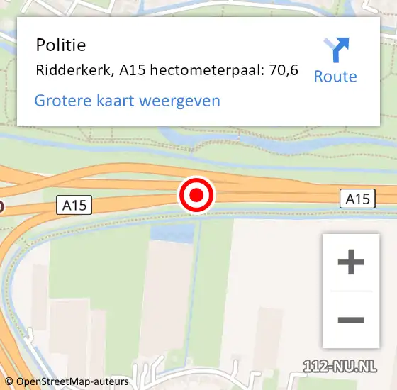 Locatie op kaart van de 112 melding: Politie Ridderkerk, A15 hectometerpaal: 70,6 op 11 april 2025 15:37