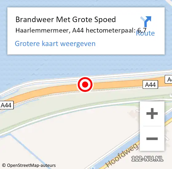 Locatie op kaart van de 112 melding: Brandweer Met Grote Spoed Naar Haarlemmermeer, A44 hectometerpaal: 6,7 op 11 april 2025 15:48
