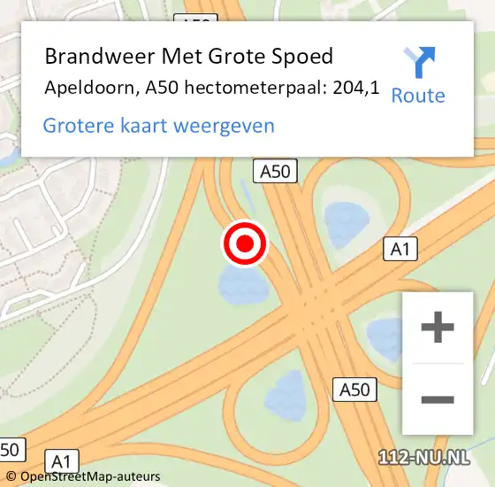 Locatie op kaart van de 112 melding: Brandweer Met Grote Spoed Naar Apeldoorn, A50 hectometerpaal: 204,1 op 11 april 2025 16:21