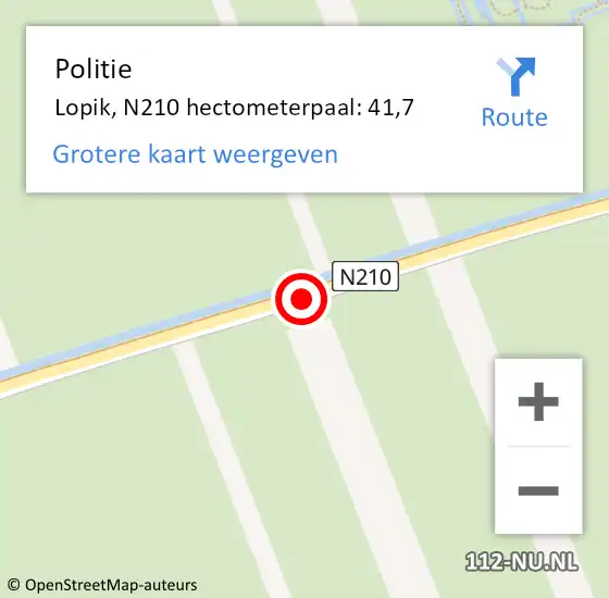 Locatie op kaart van de 112 melding: Politie Lopik, N210 hectometerpaal: 41,7 op 11 april 2025 16:49