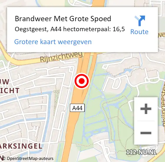 Locatie op kaart van de 112 melding: Brandweer Met Grote Spoed Naar Oegstgeest, A44 hectometerpaal: 16,5 op 11 april 2025 17:07
