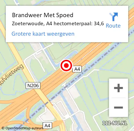 Locatie op kaart van de 112 melding: Brandweer Met Spoed Naar Zoeterwoude, A4 hectometerpaal: 34,6 op 11 april 2025 17:12