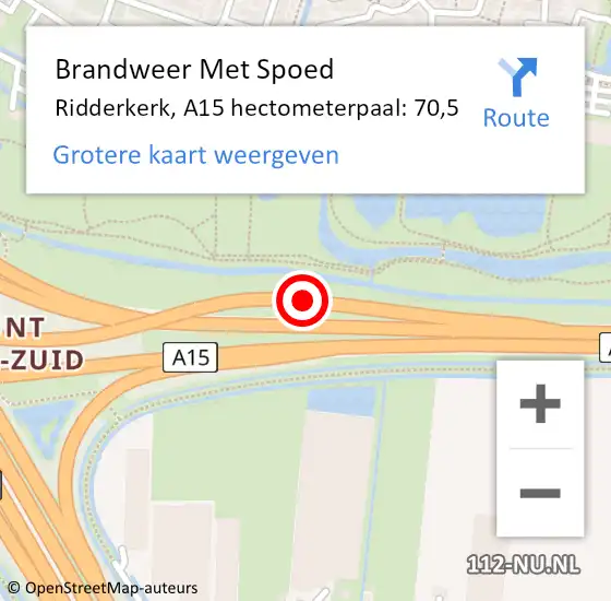 Locatie op kaart van de 112 melding: Brandweer Met Spoed Naar Ridderkerk, A15 hectometerpaal: 70,5 op 11 april 2025 17:26