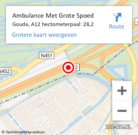Locatie op kaart van de 112 melding: Ambulance Met Grote Spoed Naar Gouda, A12 hectometerpaal: 28,2 op 11 april 2025 18:20