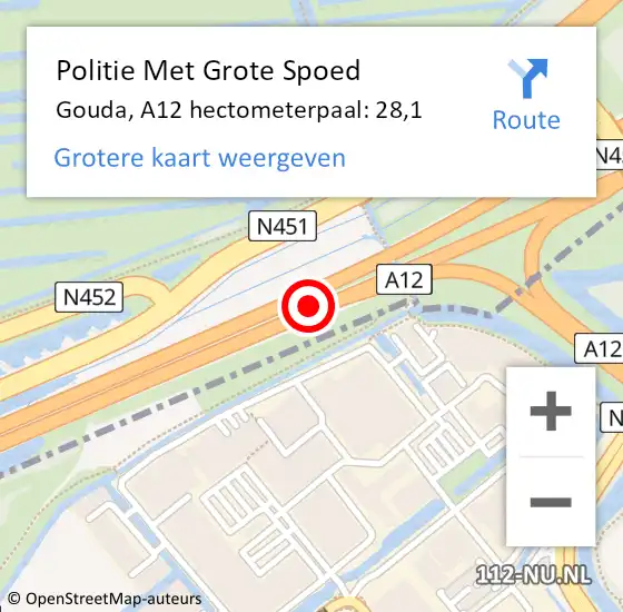 Locatie op kaart van de 112 melding: Politie Met Grote Spoed Naar Gouda, A12 hectometerpaal: 28,1 op 11 april 2025 18:21