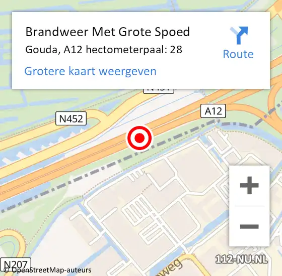 Locatie op kaart van de 112 melding: Brandweer Met Grote Spoed Naar Gouda, A12 hectometerpaal: 28 op 11 april 2025 18:22