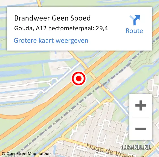 Locatie op kaart van de 112 melding: Brandweer Geen Spoed Naar Gouda, A12 hectometerpaal: 29,4 op 11 april 2025 18:46