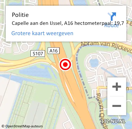 Locatie op kaart van de 112 melding: Politie Capelle aan den IJssel, A16 hectometerpaal: 19,7 op 11 april 2025 19:07