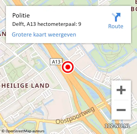 Locatie op kaart van de 112 melding: Politie Delft, A13 hectometerpaal: 9 op 11 april 2025 20:01