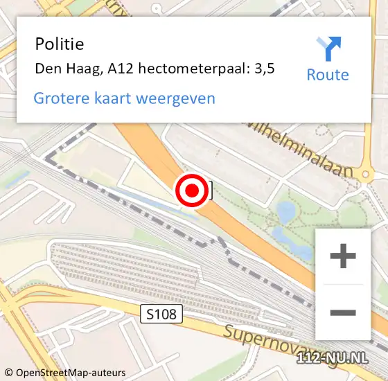 Locatie op kaart van de 112 melding: Politie Den Haag, A12 hectometerpaal: 3,5 op 11 april 2025 21:52