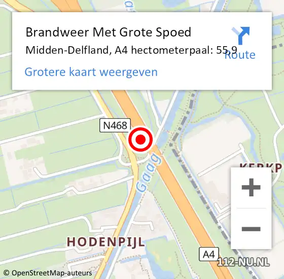 Locatie op kaart van de 112 melding: Brandweer Met Grote Spoed Naar Midden-Delfland, A4 hectometerpaal: 55,9 op 11 april 2025 22:56