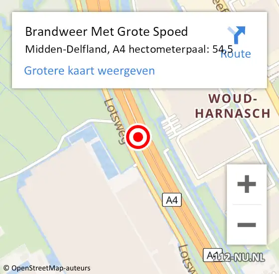 Locatie op kaart van de 112 melding: Brandweer Met Grote Spoed Naar Midden-Delfland, A4 hectometerpaal: 54,5 op 11 april 2025 23:18