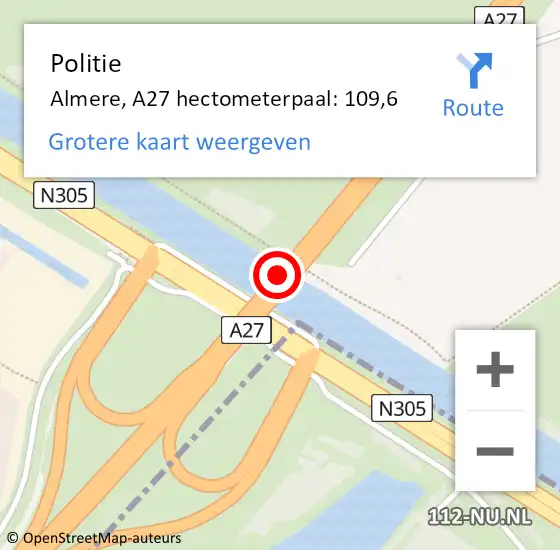 Locatie op kaart van de 112 melding: Politie Bunschoten, A27 hectometerpaal: 109,6 op 12 april 2025 02:30