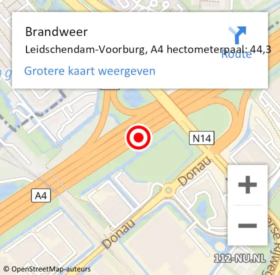 Locatie op kaart van de 112 melding: Brandweer Leidschendam-Voorburg, A4 hectometerpaal: 44,3 op 12 april 2025 03:57