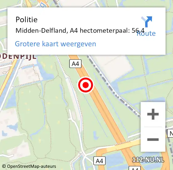 Locatie op kaart van de 112 melding: Politie Midden-Delfland, A4 hectometerpaal: 56,4 op 12 april 2025 06:58