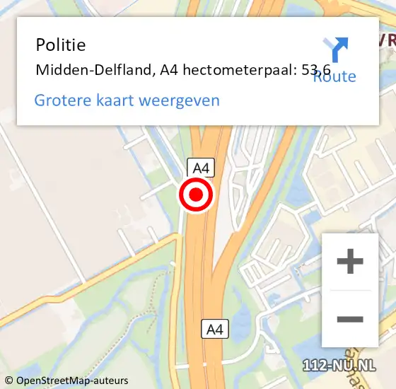 Locatie op kaart van de 112 melding: Politie Midden-Delfland, A4 hectometerpaal: 53,6 op 12 april 2025 07:54
