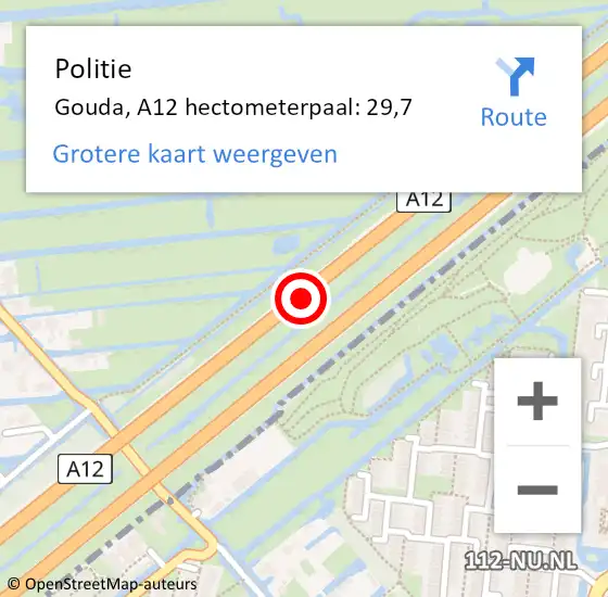 Locatie op kaart van de 112 melding: Politie Gouda, A12 hectometerpaal: 29,7 op 12 april 2025 08:58