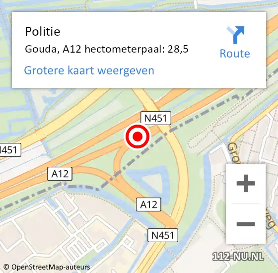 Locatie op kaart van de 112 melding: Politie Gouda, A12 hectometerpaal: 28,5 op 12 april 2025 09:18