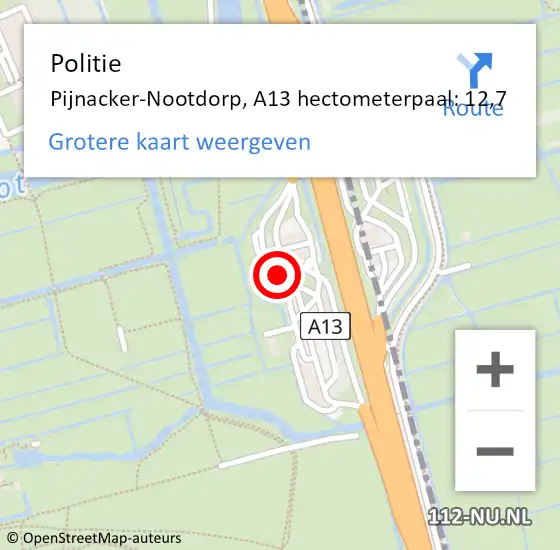 Locatie op kaart van de 112 melding: Politie Pijnacker-Nootdorp, A13 hectometerpaal: 12,7 op 12 april 2025 10:24