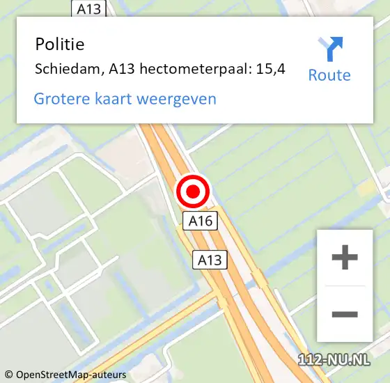 Locatie op kaart van de 112 melding: Politie Schiedam, A13 hectometerpaal: 15,4 op 12 april 2025 11:14