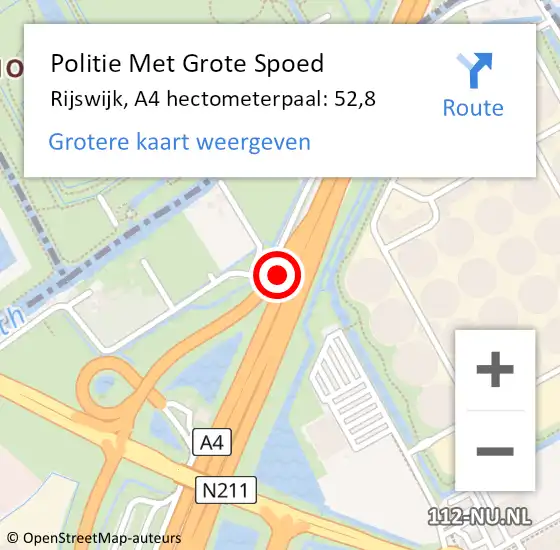 Locatie op kaart van de 112 melding: Politie Met Grote Spoed Naar Rijswijk, A4 hectometerpaal: 52,8 op 12 april 2025 11:55