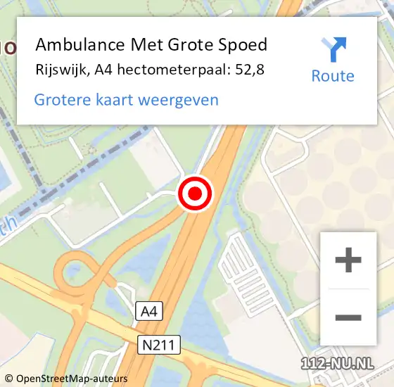 Locatie op kaart van de 112 melding: Ambulance Met Grote Spoed Naar Rijswijk, A4 hectometerpaal: 52,8 op 12 april 2025 11:59