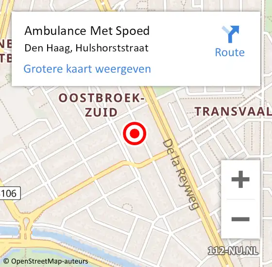 Locatie op kaart van de 112 melding: Ambulance Met Spoed Naar Den Haag, Hulshorststraat op 12 april 2025 12:22