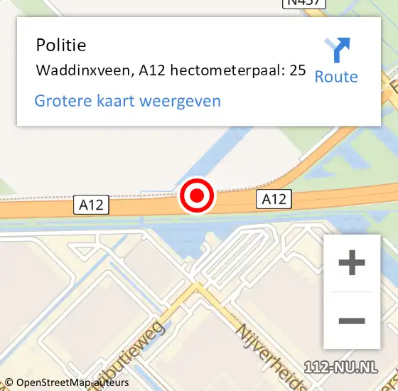 Locatie op kaart van de 112 melding: Politie Waddinxveen, A12 hectometerpaal: 25 op 12 april 2025 13:01